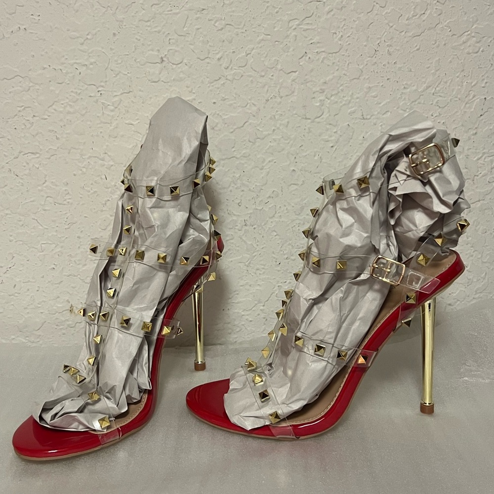 Fashion Nova Red Heels with Gold Studs